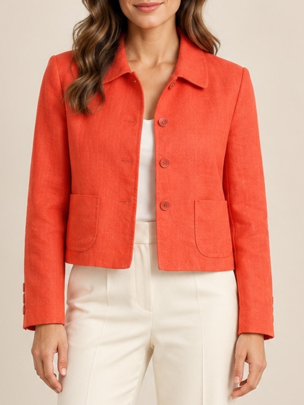 JENNIFER MOORE PETITES CORAL ORANGE LINEN CROPPED BLAZER | SIZE 4P